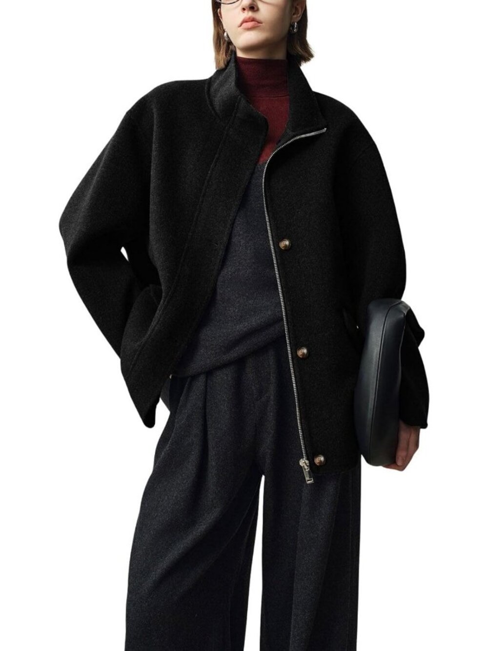 Stylish Women's Winter Wool Trench Coat with Stand Collar, Zip Up, Pockets